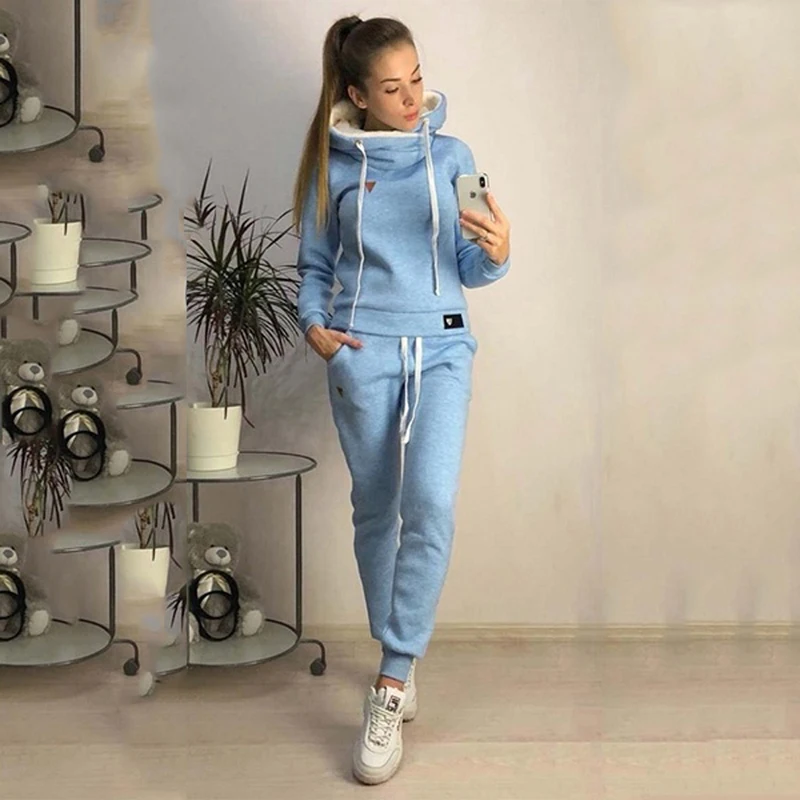 blue Женский осенне-зимний спортивный костюм из двух предметов с капюшоном, куртки с длинными рукавами и штаны, комплект из двух предметов, теплые наряды, женский костюм - Цвет: blue