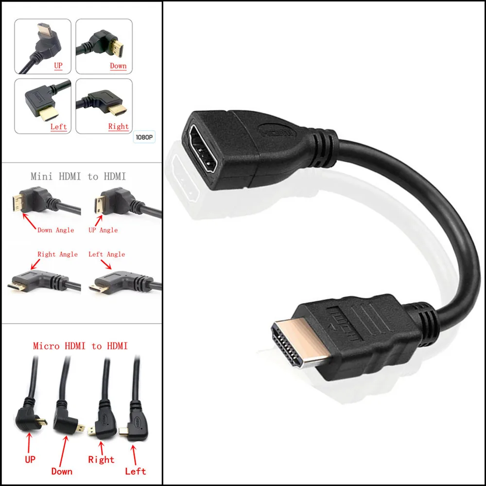 Прямоугольный 90 градусов мини микро HDMI мужчин и женщин HDMI конвертер адаптер кабель конвертер адаптер HDTV разъем