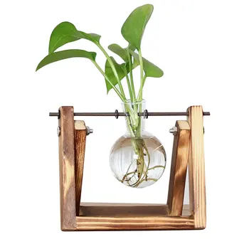 

Desktop Glass Planter Bulb Vase with Retro Solid Wooden Stand and Metal Swivel Holder for Hydroponics Plants Home Office Decor