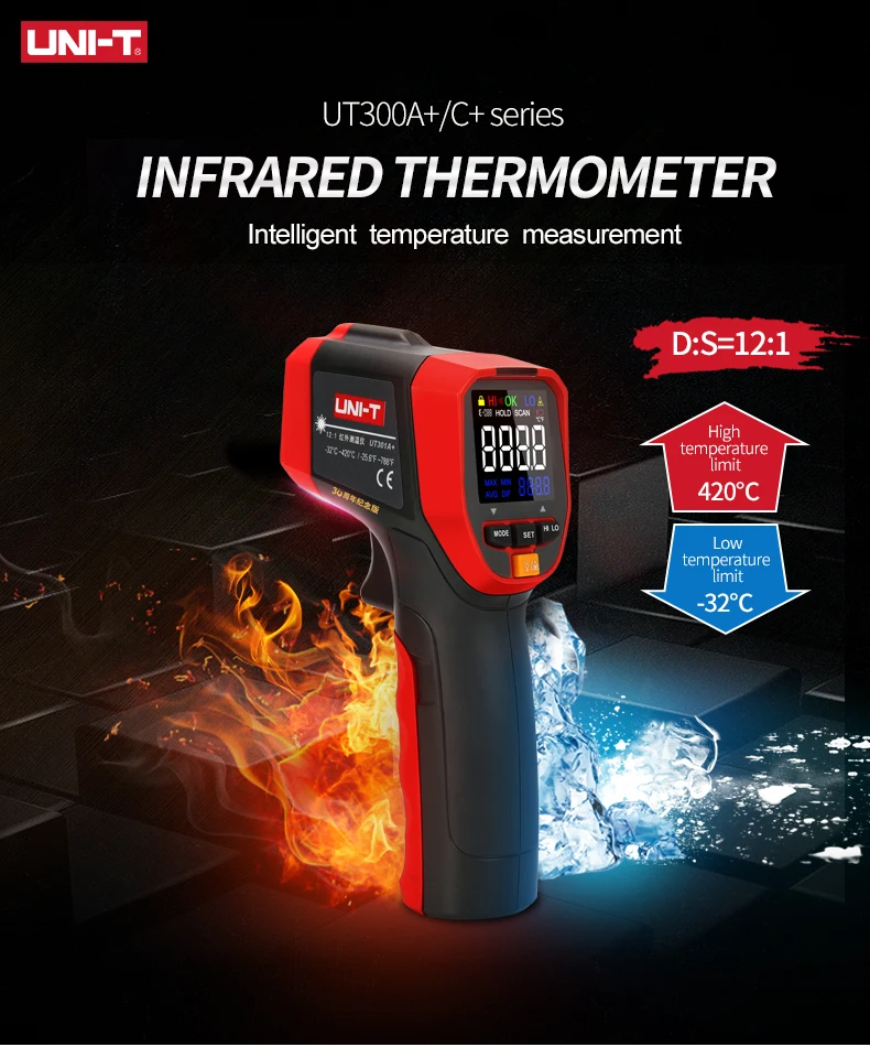 20:1 Infrared Laser Thermometer with Color Alarms