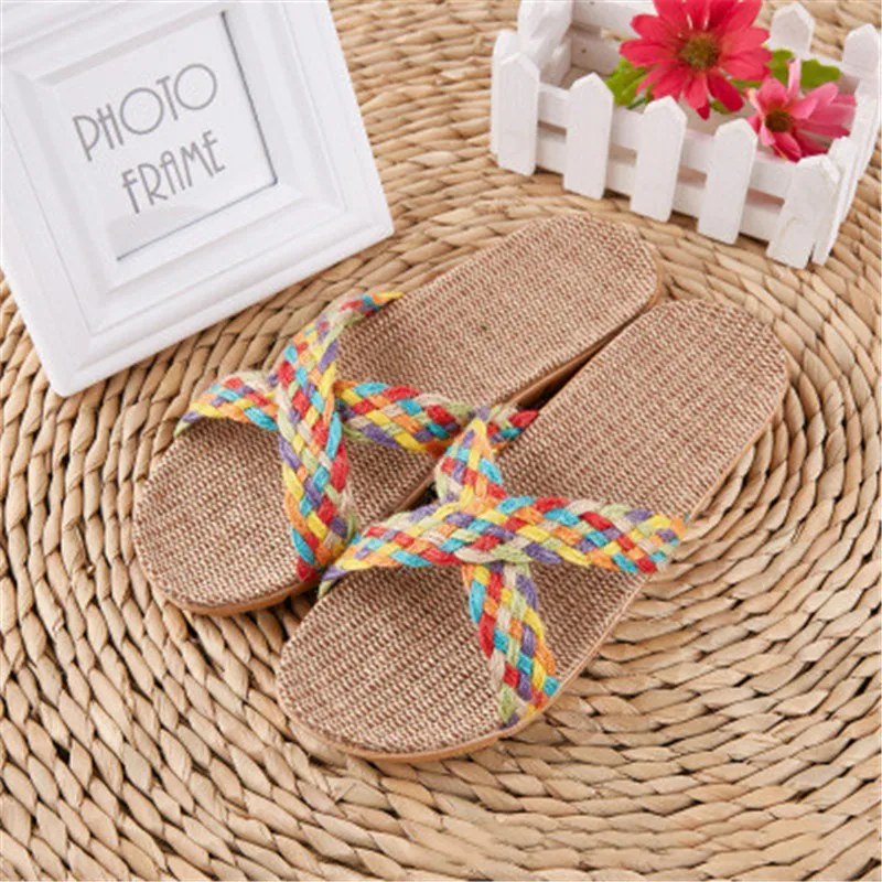 

Linen slippers home indoor female and female cross summer couple non-slip soft bottom fashion Japanese style sandals and slipper