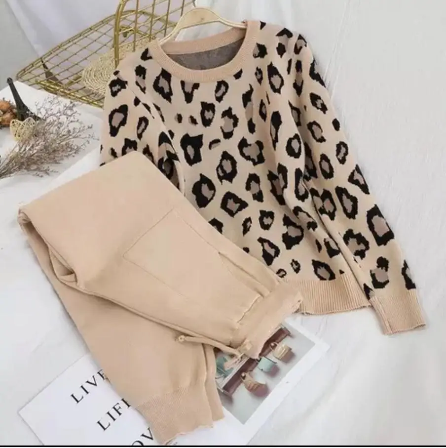 2022 Spring Streetwear Leopard Printed Knit Two Peice Set Women Long Sleeve O-Neck Sweater Tops + Harem Pants Casual Tracksuit blazer and pants set Women's Sets