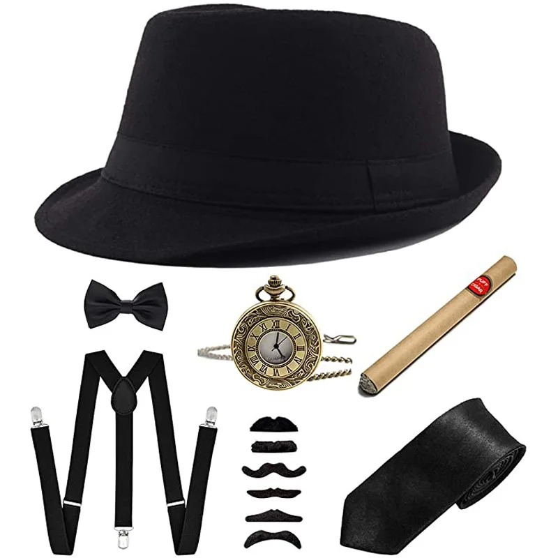 1920s Mens Accessories Hard Felt Panama Hat Y-Back Suspenders Pre Tied Bow Tie Toy Cigar Sunglasses 