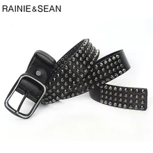

RAINIE SEAN Designer Brand Belt Men Rivet Real Leather Pin Belt Male Black Rock Genuine Leather Cowhide Luxury Punk Belt Jeans