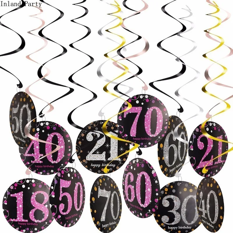 6PCS/set 18/21/30/40/50/60/70/80 Year Olds Plastic Spiral Ornaments Happy Bityhday Anniversaire Ribbon Party Decoration Gift | Дом и сад