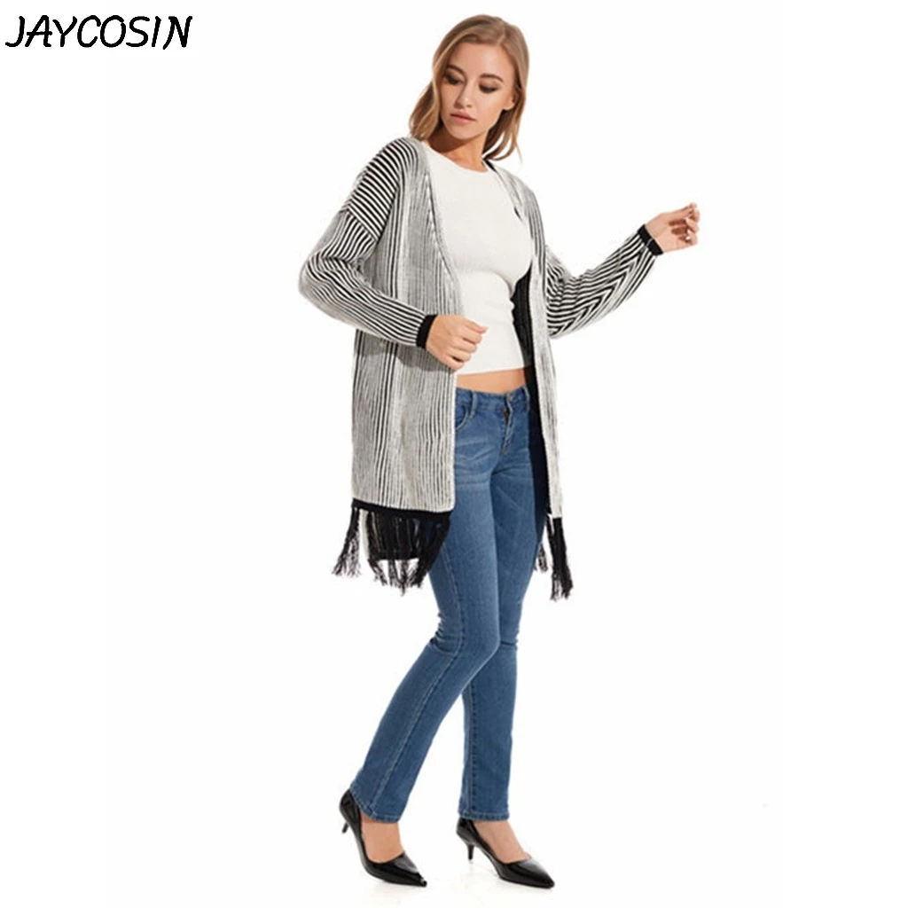 JAYCOSIN, Осень-зима, женские свитера, в полоску, с длинным рукавом, с кисточками, длинный вязаный жакет, кардиган, свитер, пальто, s24