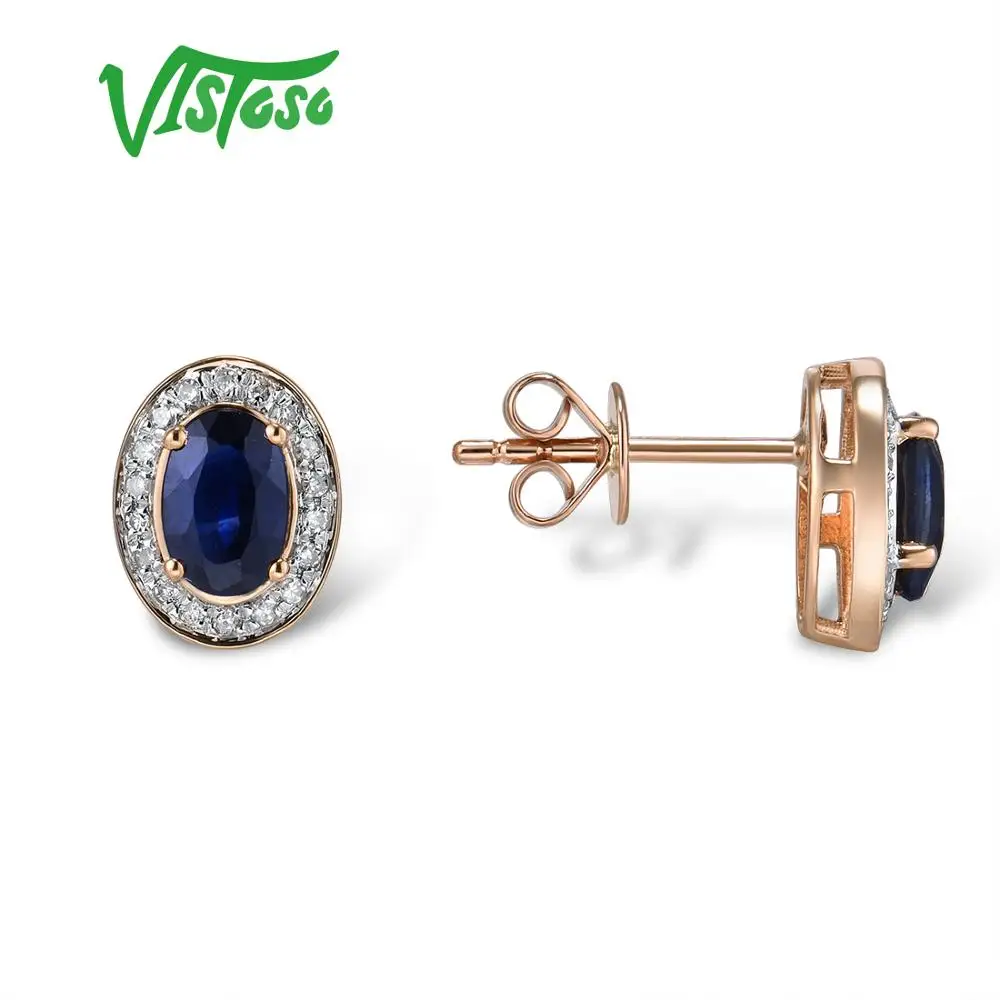 VISTOSO Pure 14K 585 роза/серьги из Белого Золота Шпилька для женщин Элегантный синий сапфир сверкающие бриллианты уникальные модные ювелирные изделия