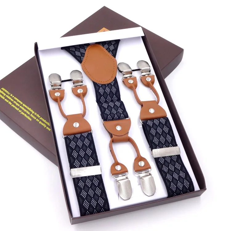 Male Shirt Suspenders Brown PU Leather 6 Clips Suspenders Western-style Trousers Man Braces Adjustable Suspenders Gift Box - Цвет: 10