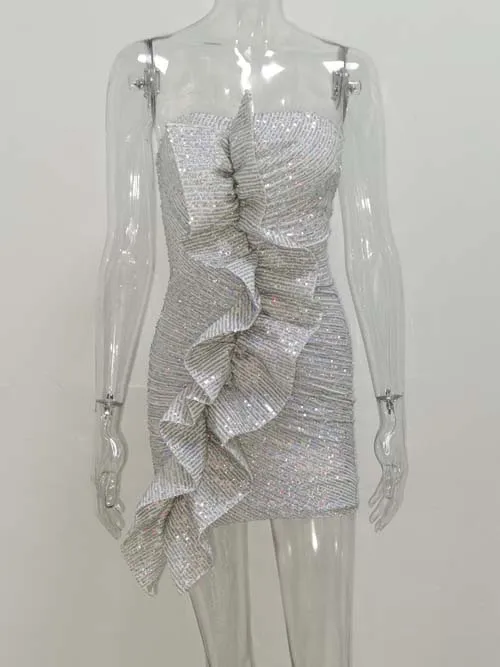 JillPeri без бретелек со строгими оборками, блестящее мини-платье с блестками, сексуальное стрейчевое Платье-футляр, шикарное платье для дня рождения, свадьбы, вечеринки - Цвет: Silver