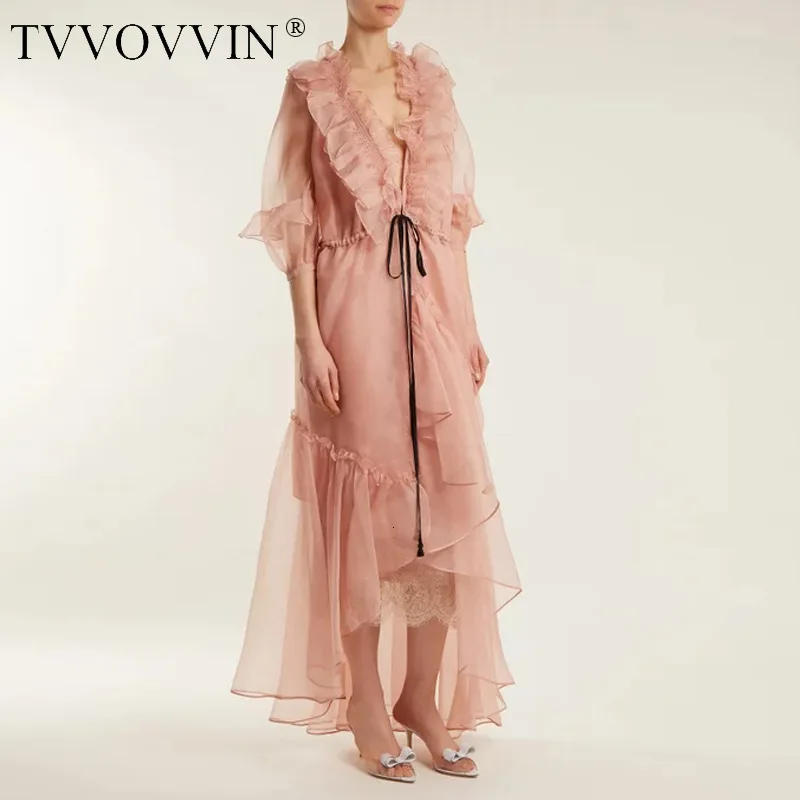 Tvvovvinin лето новые модные милые однотонные Короткие рукава-крылышки V воротник Асимметричный слой кружева Высокая талия женское платье AS393