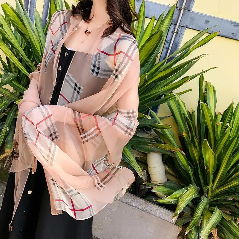 

Women's imitation silk scarf beach shawl spring summer autumn scarf plaid size beach shawl scarf for women