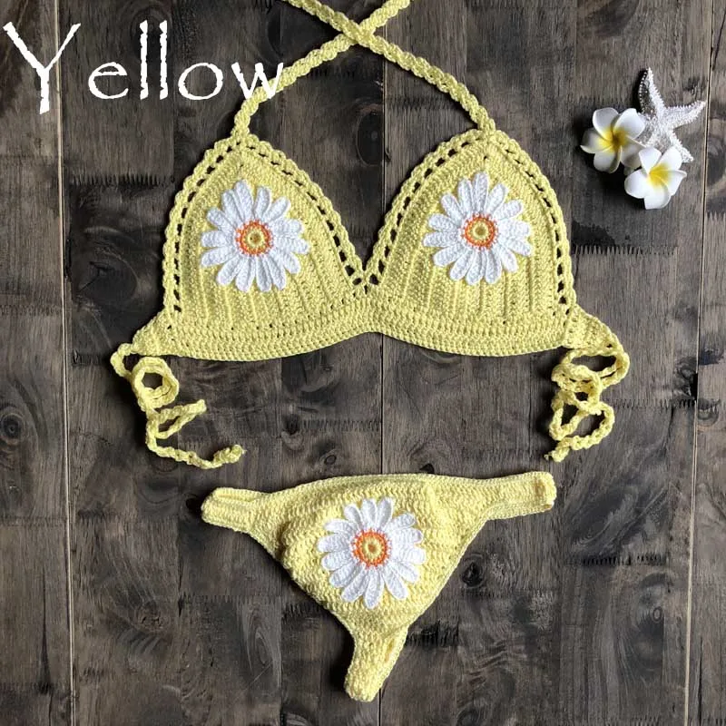 New Fashion Beach Bikini Set Knitting Swimsuit Crochet Bohemia Style Off Shoulder Bathing Handmade Sexy Bikini - Цвет: yellow