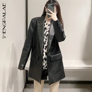 

SHENGPALAE 2020 Autumn And Winter Fashion Streetwear Long Sleeve Button Slim Black Leather Loose Blazer Coat Women SE033