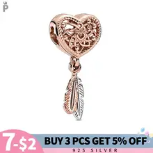 

NEW Original Beads 925 Sterling Silver Openwork Heart Two Feathers Dreamcatcher Charms Fit Quality Bracelet DIY Jewelry Gift