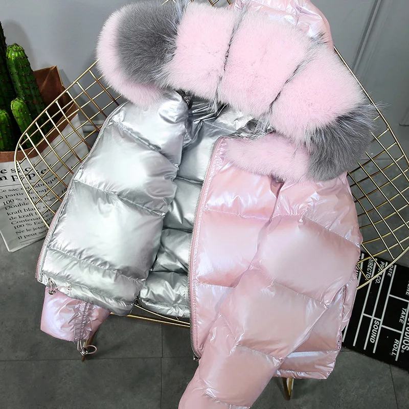

2019 Winter New Big Fox Fur Down Jacket Female Collar Double-sided Wear Glossy Silver Pink Jacket Female Short Paragraph