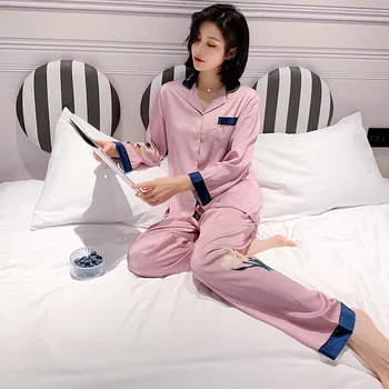 

Casual Pajamas Suit Female Shirt&Pants Print 2PCS Sleep Set Kimono Robe Gown 2020 New Intimate Lingerie Silky Homewear Sleepwear