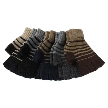 

Men Winter Knit Half Finger Gloves Contrast Color Stripes Jacquard Elastic Fingerless Mittens for Texting Driving Casual Wear