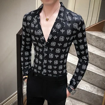 

Hombre Casual 2020 Spring Men Shirt British Style Long Sleeve Jacket V Lead Printing Shirt Casual Slim Fit Flower Shirt M-3XL