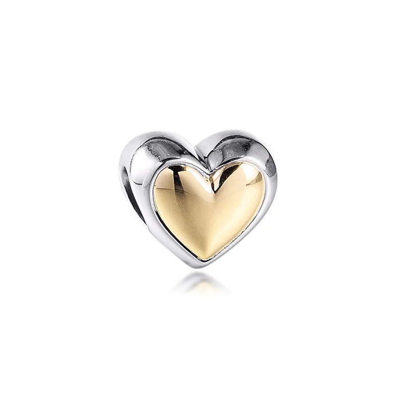 

Fits Europe 925 Original Bracelets Necklaces Sterling Silver Beads Domed 14K Real Gold Heart Charm For Jewelry DIY Making