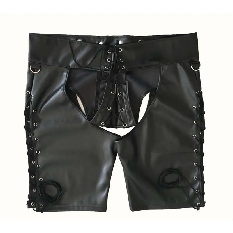 Wetlook Latex Gay Crotchless Sissy Pants Faux Leather Fetish Men Open Crotch Pole Dance Pants Porn Hollow Gay for BDSM Sex