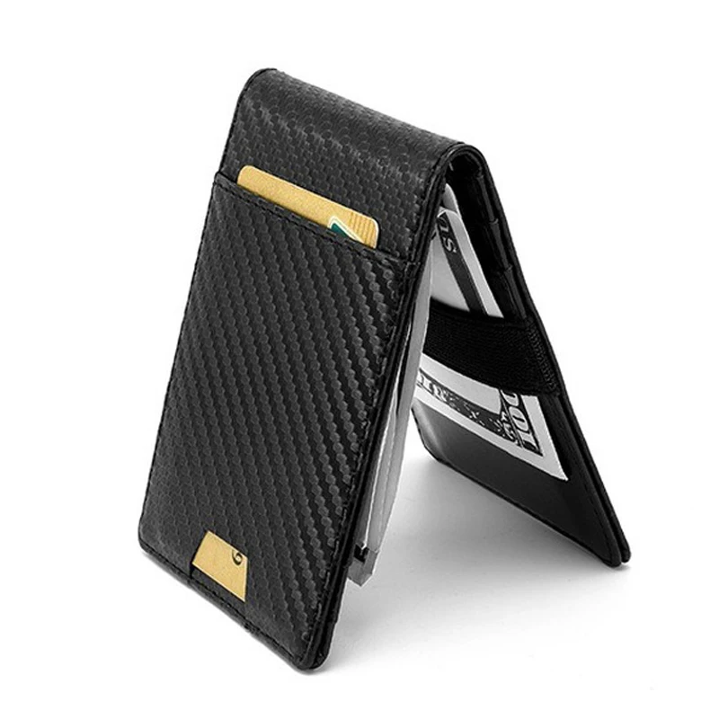 New Fashion Carbon Fiber Men's Leather Money Clips Wallet Luxury Credit  Card Slots Elastic Ribbon Cash Holder ID Purse For Male