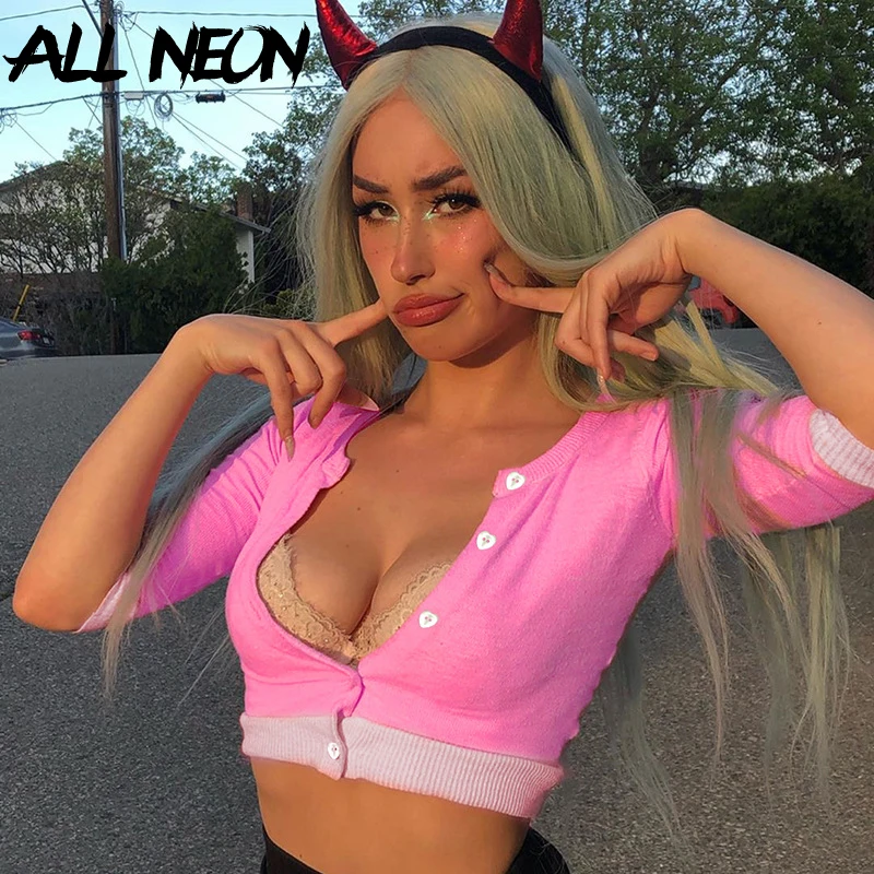 ALLNeon E girl Милые однобортные Лоскутные укороченные топы в рубчик Y2K розовые с