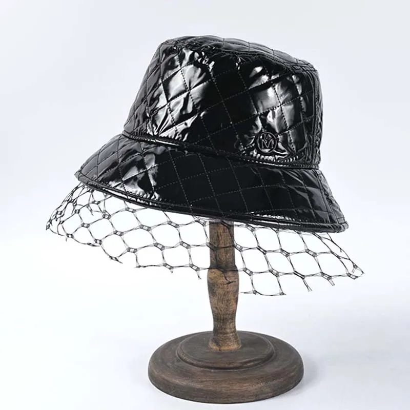 

New Autumn Winter Women Veil PU Bucket Hats Fashion UV Hat Ladies Retro Big Brim Caps Wholesale