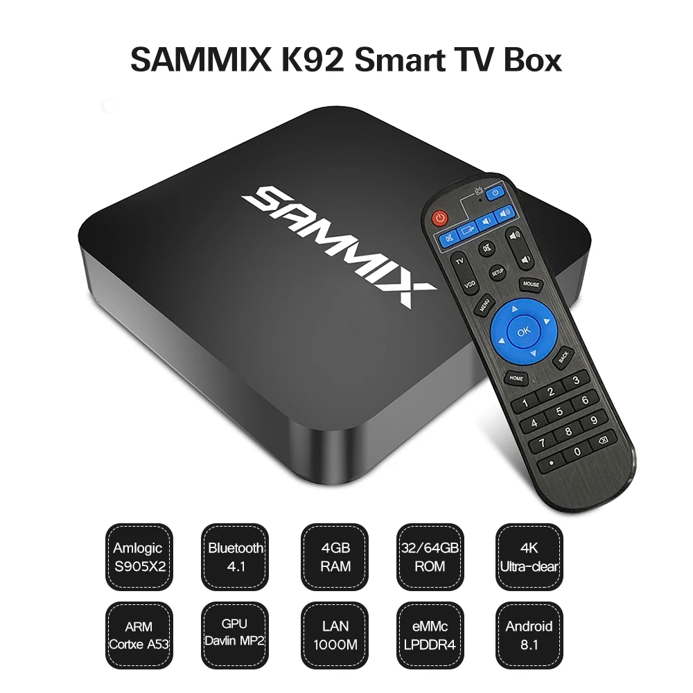 

SAMMIX K92 Smart TV Box Amlogic S905X2 Android 8.1 2.4GHz+5GHz Wi-Fi 1000Mbps BT4.1 Set Top Box Supports 4k