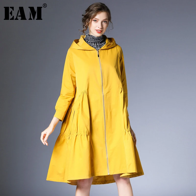 

[EAM] Women Pleated Split Joint Trench New Hooded Nine-quarter Sleeve Loose Fit Windbreaker Fashion Autumn Winter 2019 1A662
