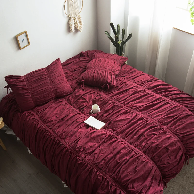 buy 100%Cotton Exquisite Pinch Pleated Duvet Cover Solid White Purple Pink King Queen size Luxury Princess Bedding Set Bed sheet set
