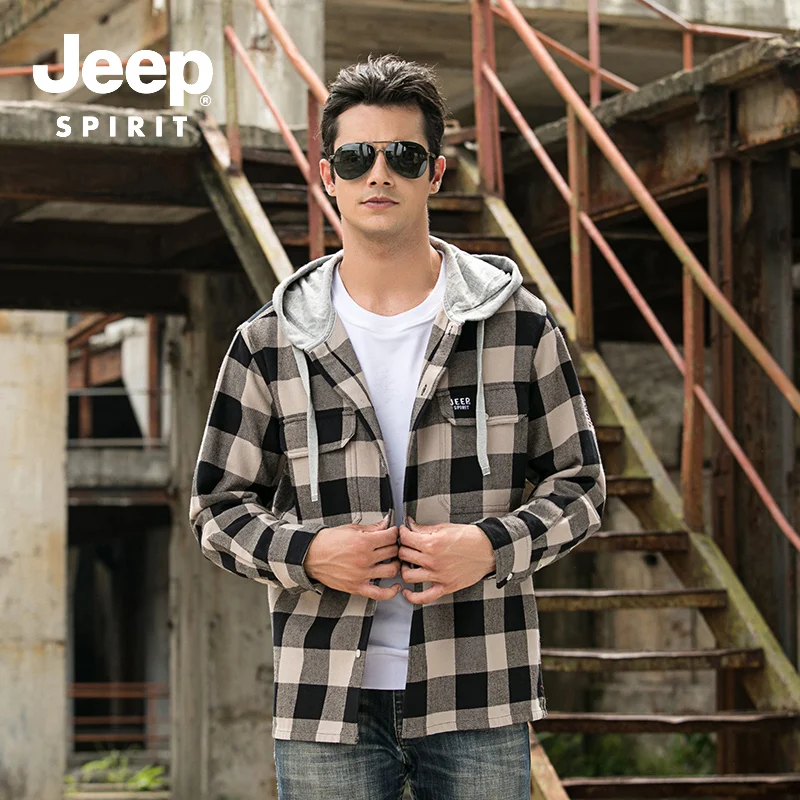 JEEP SPIRIT брендовая Новая Осенняя рубашка Мужская модная клетчатая с капюшоном воротник с длинным рукавом мужская рубашка однобортные хлопковые рубашки