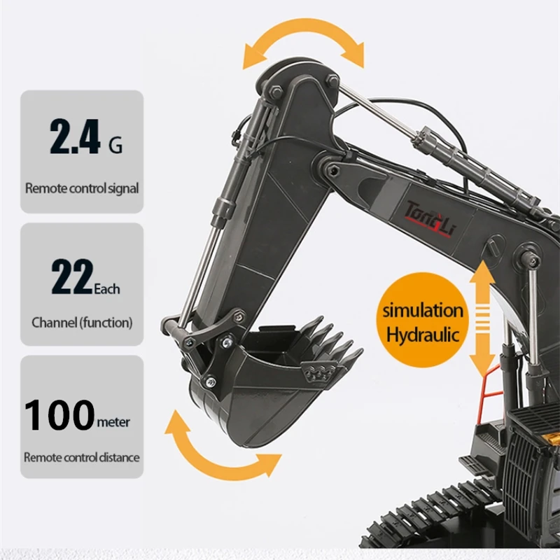 Realistic Simulation RC Excavator 680 Degree Rotation 22-CH Alloy Bucket Flexible Boom LED Light 30Mins Endurance Alloy RC Truck 4