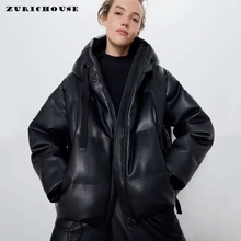 ZURICHOUSE женские кожаные парки теплые модные свободные пальто из искусственной кожи женские с капюшоном с хлопковой подкладкой кожаная куртка зимняя