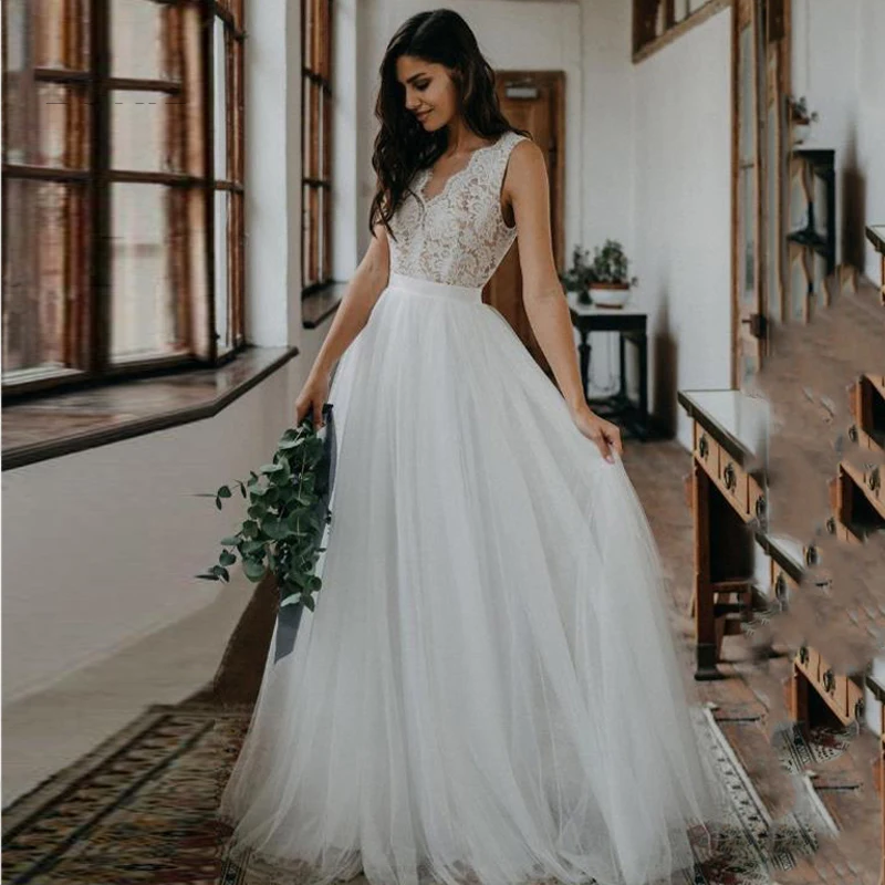 

Eightree A Line Wedding Dress Lace Tulle Backless Wedding Gowns Appliques Bridal Dress Sleeveless Princess Wedding Dresses Boho