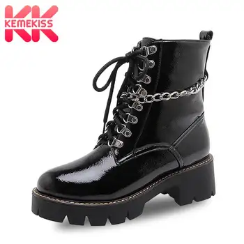 

Women Women Ankle Boots Fashion Black Metal Chain Gothic Shoes Women Casual Lace Up Square Heels Platform Boots Size 34-43