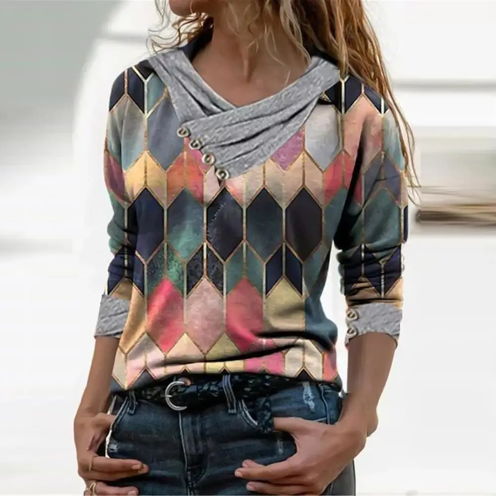 Female Shirt Geometric Printed V-Neck Metal Button Ring Blouse Long Sleeve Women Blouse And Top Clothing 2