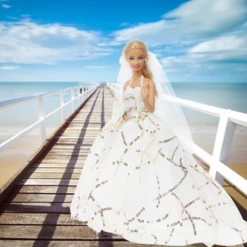 

Fashion High Quality Doll Gown for Barbie Doll Wedding Party Bride Wear Sequin Dress + Lace Veil 12'' Doll Clothes Accessories
