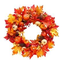 Имитирующие кленовые листья, тыквенный венок, осенняя ротанговая гирлянда, украшение для подвешивания на двери, для осени, Хэллоуина, Дня благодарения
