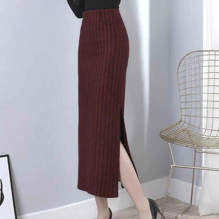 wine plus size 5XL! winter fashion striped woolen skirt women high waist package hip split skirt - Цвет: wine
