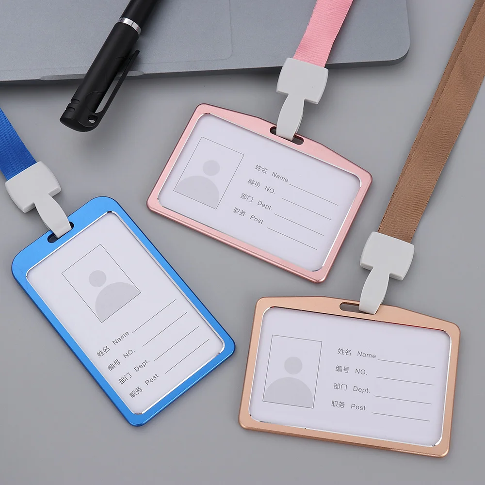 1PC Work Card Holders With Rope Aluminium Alloy Card Holder Employee Name ID Cover Metal Work Certificate Identity Badge