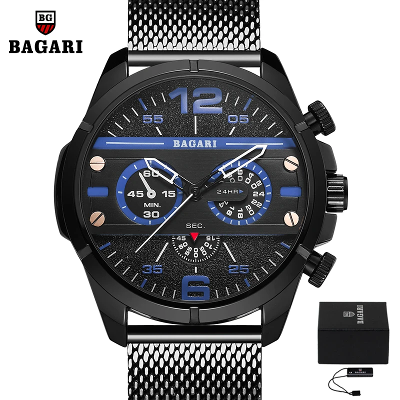 Black Black Blue BAGARI качественные часы со стальным сетчатым ремешком, мужские водонепроницаемые часы 30 м, деловые модные японские кварцевые кинетические часы - Цвет: Black Black Blue