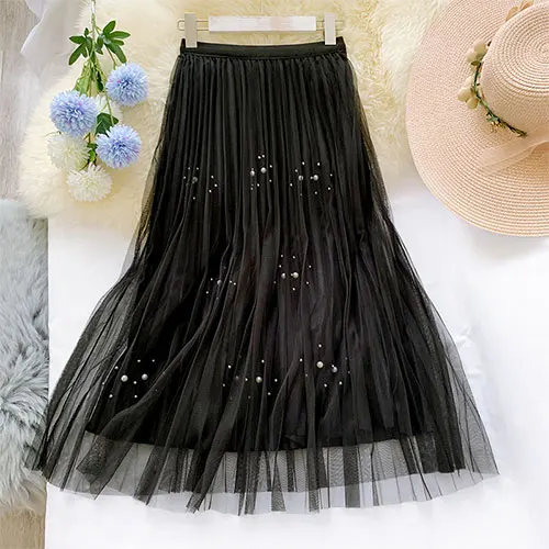 Женская плиссированная длинная юбка из тюля TIGENA, украшенная бусинамитрапециевидная юбка макси с высокой талией для женщин на осень-зиму - Цвет: Черный