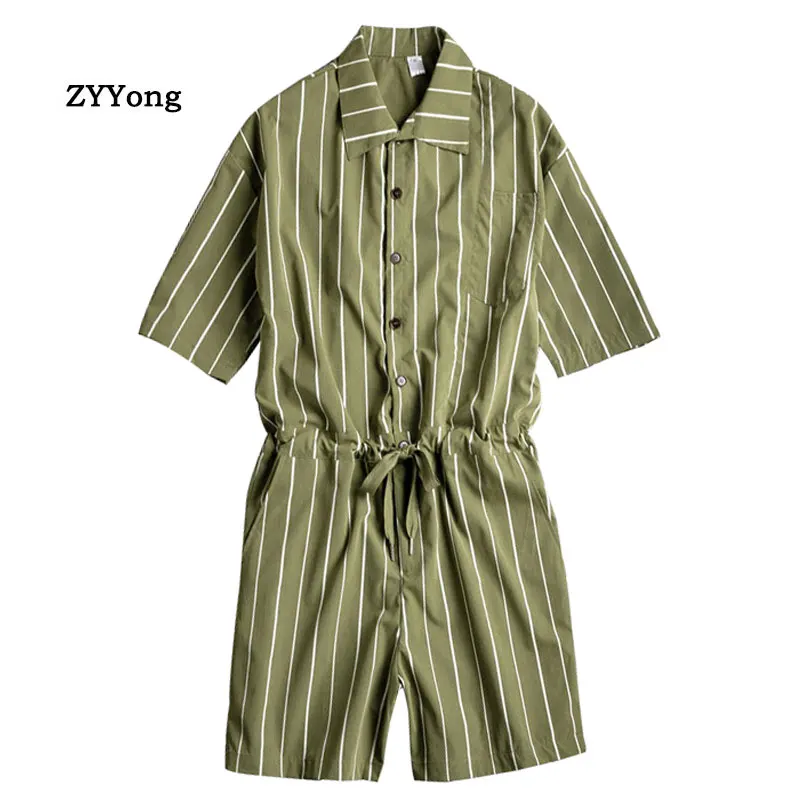 

Summer Men Jumpsuit Lapel Fashion Casual Comfortable Hip Hop Streetwear Stripe Freight Cargo Pants Beach Black Short Overalls