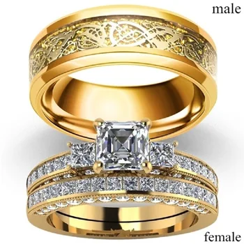 

Luxury Classic Couple Wedding Ring Set Men's Gold Dragon Pattern Rings Women White Zircon Cocktail Ring Lover's Jewelry Gifts