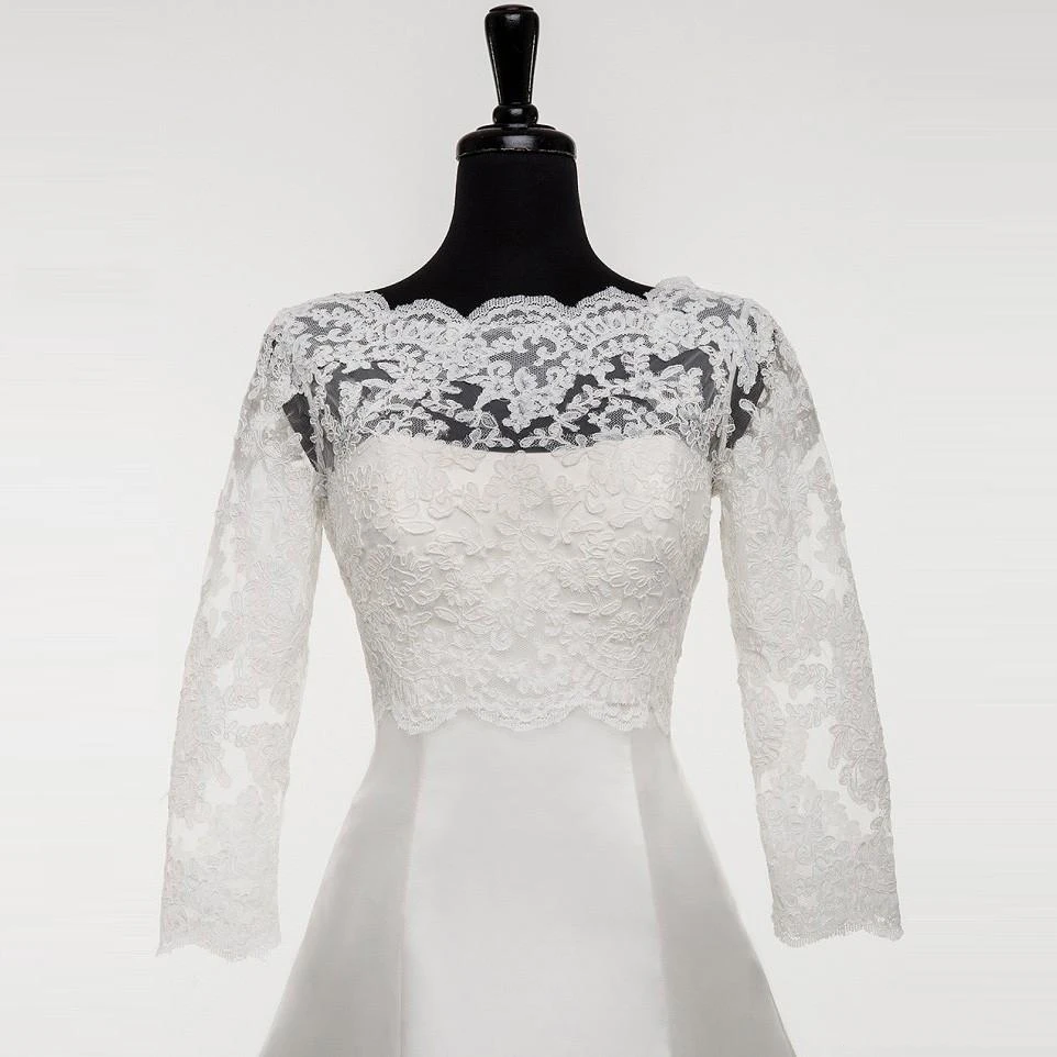 

Best Seller Wedding Jacket with Sleeves 2019 Boat Neck Appliqued Lace Bridal Jacket Bolero 3/4 Sleeves Buttons Back Custom Made