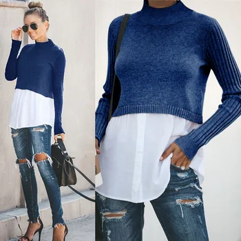 

Winter Fashion Knit Sweater with Long Sleeve 2020 Autumn Casual O-neck knitted Jumper Fake two pieces Blusas Pullover Blue Black