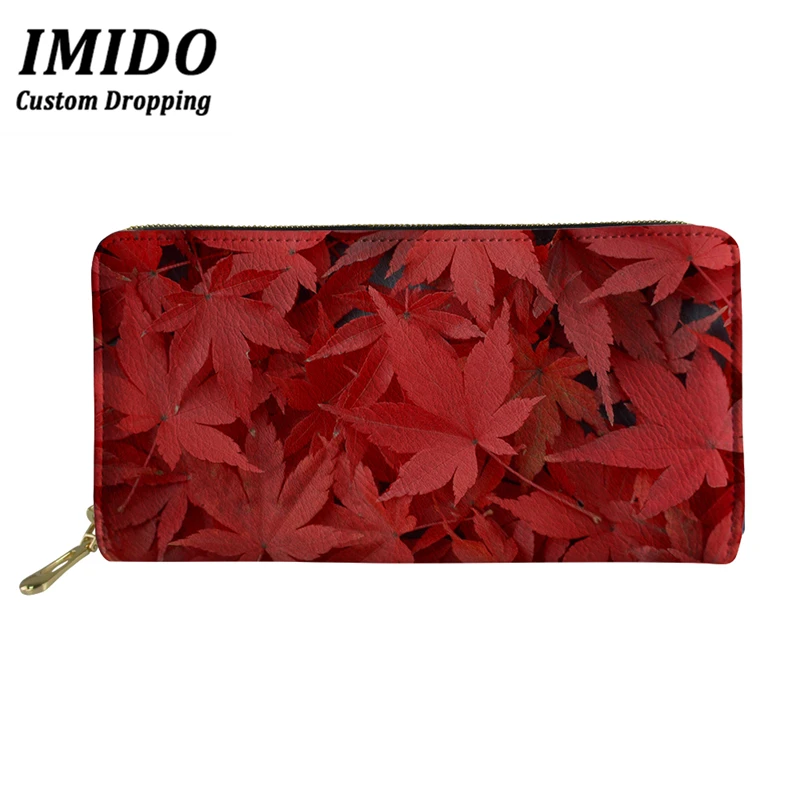 

IMIDO 2019 Ladies Maple Leaf Print Floral Wallet Women Female Leather Wallet Red Women Fashion Wallet Zipper Purse Girl Coin Bag