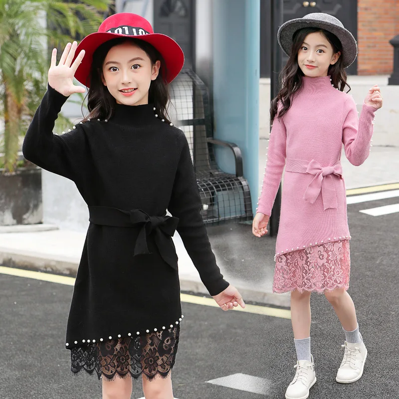 Новинка года; длинный приталенный свитер с жемчужинами и бусинами для девочек детская одежда вязаная одежда; детские вязаные платья с кружевом; P379