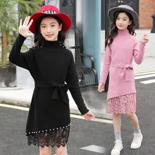 Новинка года; длинный приталенный свитер с жемчужинами и бусинами для девочек детская одежда вязаная одежда; детские вязаные платья с кружевом; P379