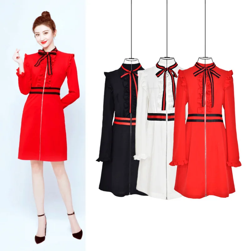 

New Sweet Star of Spring Festival Gala with Red Butterfly Knot New Spring Dress with Muffler Edge Medium length